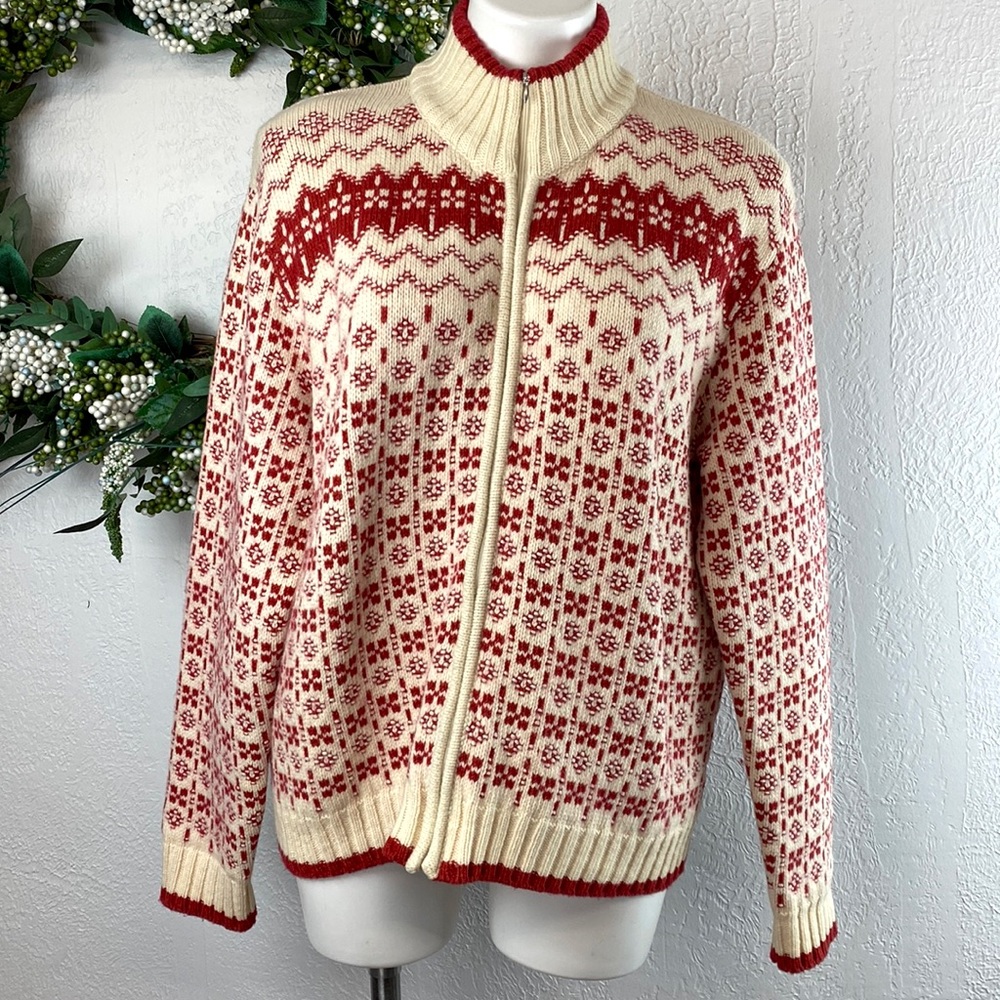 Collezione Dante Vintage Italian Wool Sweater Zip Front Red/Cream Size XL